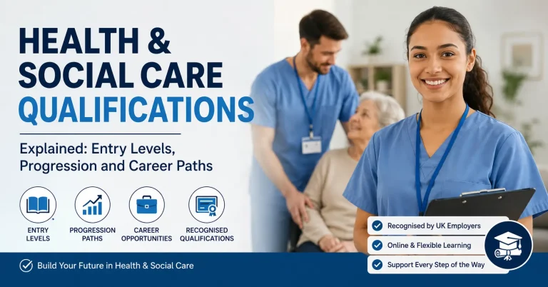 Health and social care qualifications explained banner with caregiver and career progression icons