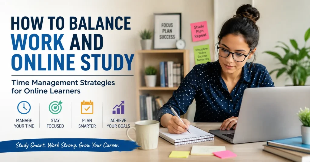Professional balancing work and online study with time management strategies for career growth