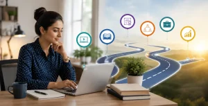 Professional working woman using a laptop with flexible online learning and career growth pathway concepts in a modern workspace.